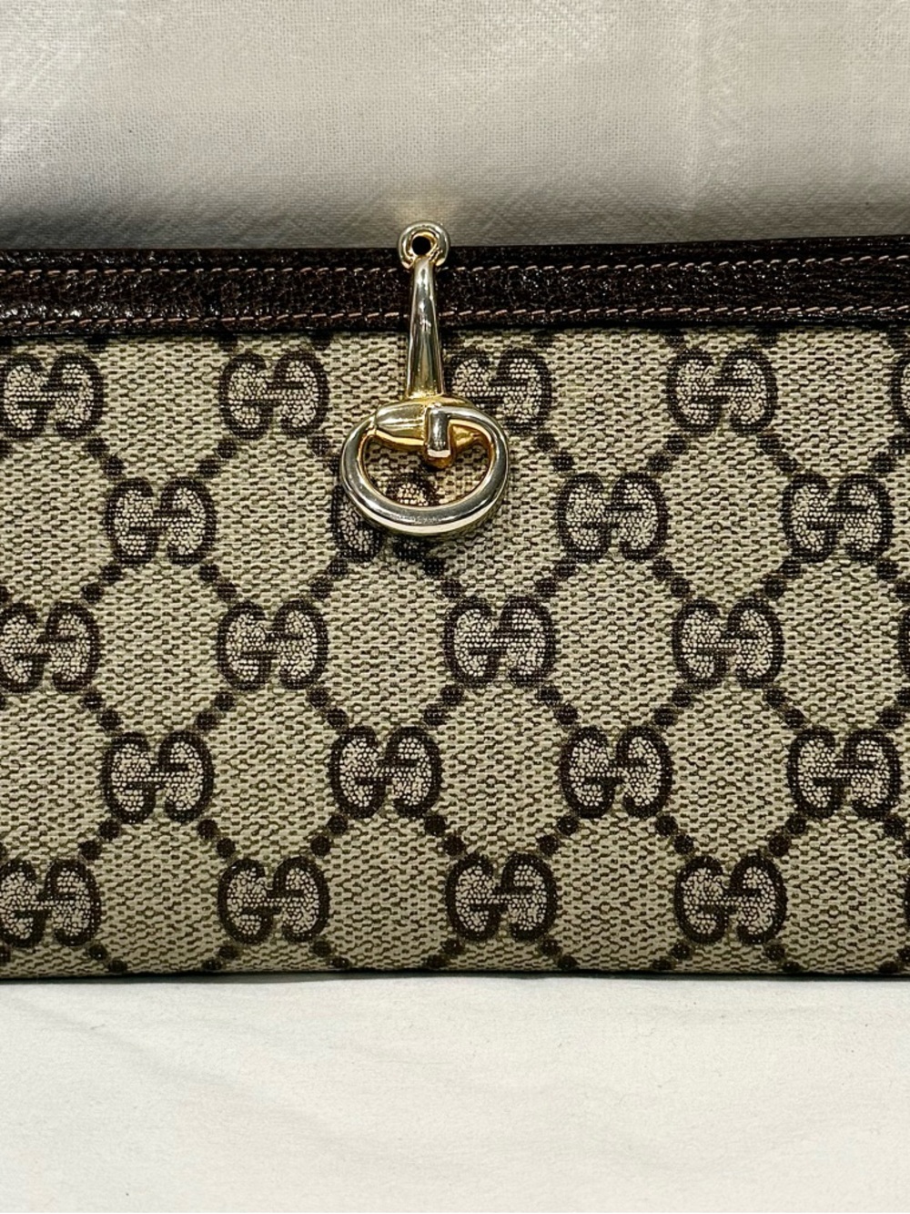 Vintage Gucci Beige and Brown GG Canvas Horsebit Detail Wallet/Clutch